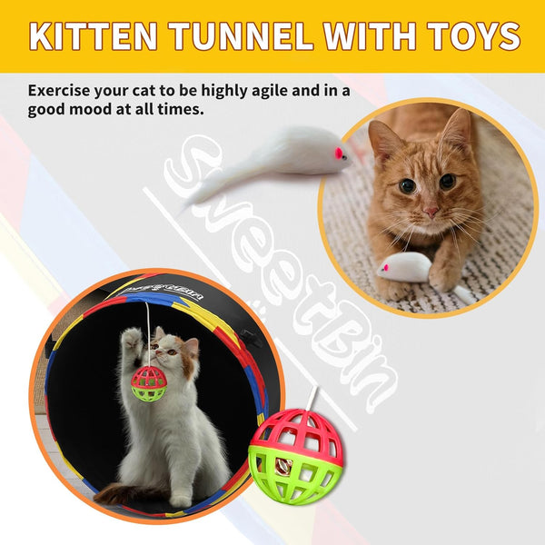4 Way Large Cat Tunnels for Indoor Cats - 10" Diameter & 47" Long Play Tunnel Toy - Cat Tube with Play Ball & Mouse Toy - Interactive Peephole (Black)6