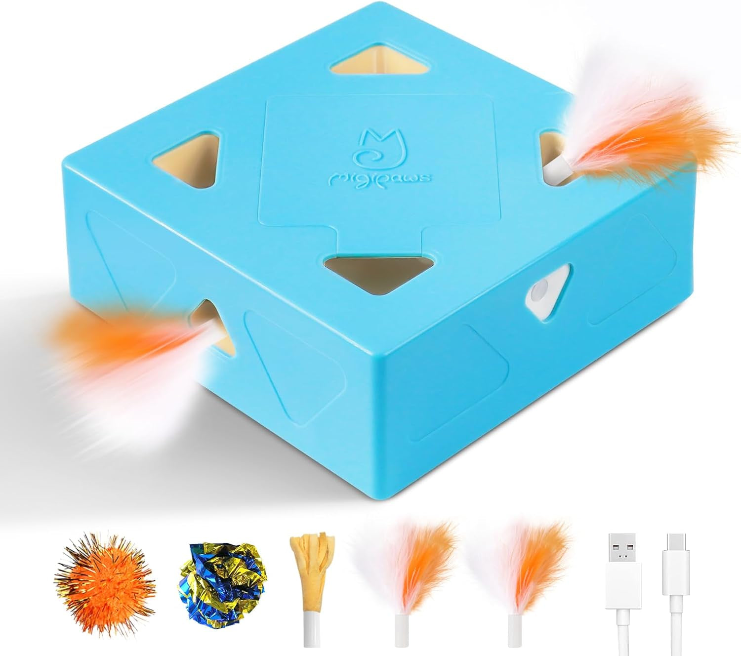 interactive-cat-toys-migibox-for-indoor-bored-cats-automatic-pop-out-feathers-from-7-holes-randomly-motion-activated-usb-rechargeable-purple-skin