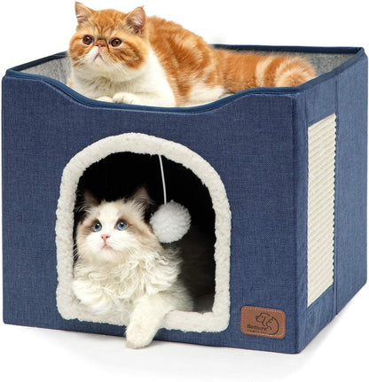 Bedsure Cat House Bed for Indoor Cats with Fluffy Ball and Scratch Pad,Grey | 16.5X16.5X13 In,Large Cat Cave for Multiple Pets,Foldable Cat Hideway Cube for Sleeping Kitten12
