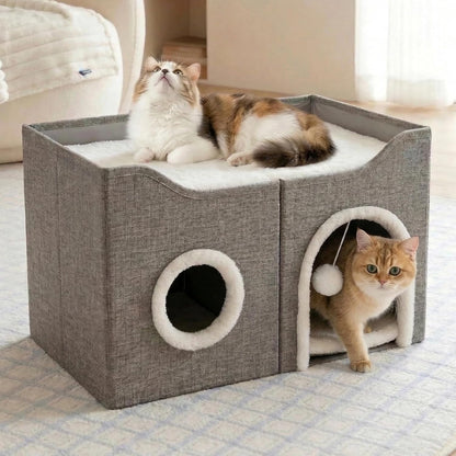 Eolahalcy Cat Beds for Indoor Cats - Large Cat Cave for Pet Cat House with Fluffy Ball Hanging and Scratch Pad, Foldable Cat Houses for Large Indoor Cats,Cat Hideaway, 23.8X15.9X13.2 Inches, Grey2