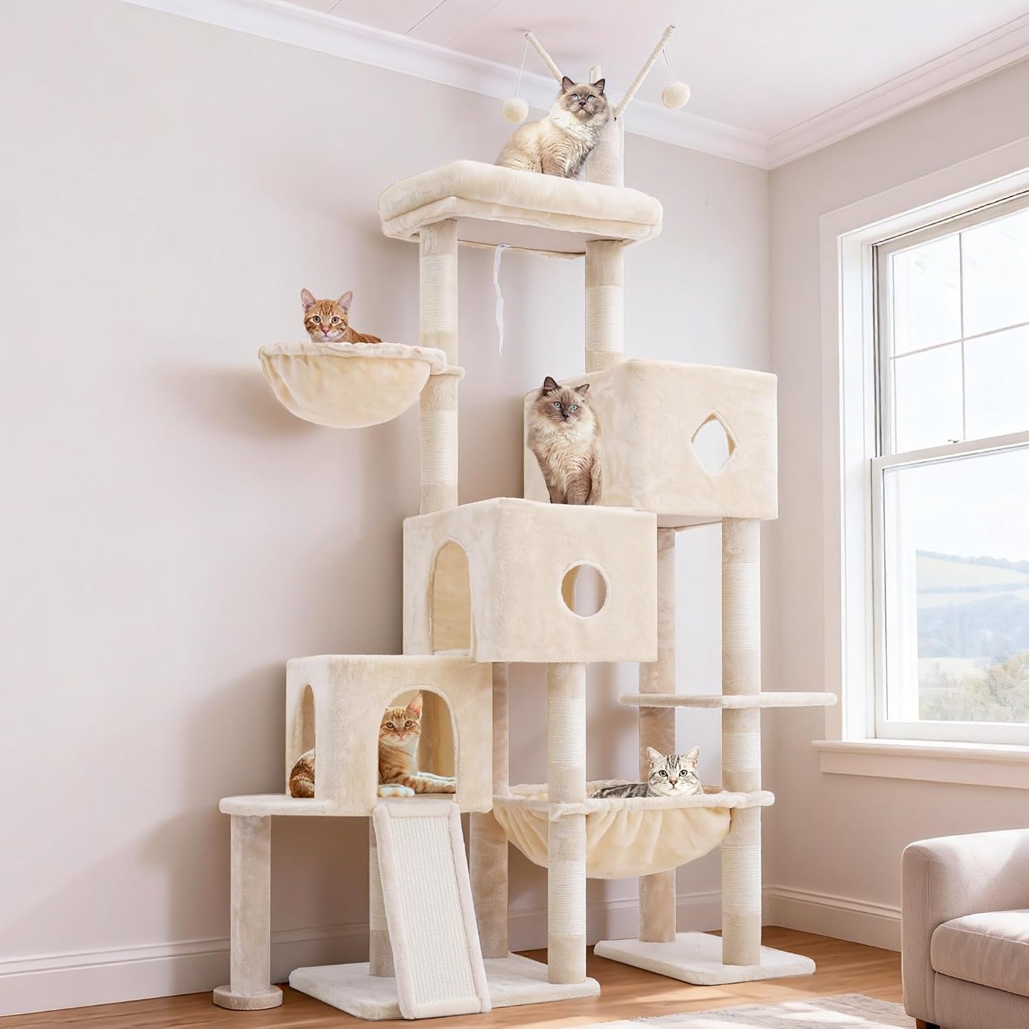 hey-brother-cat-tree-tower-with-3-condos-step-climbing-pathway-mpj081g-74-8-inches-scratching-post-with-3-house-hammock-large-basket-cozy-bed-sisal-board-toys-for-big-indoor-cats-smoky-gray