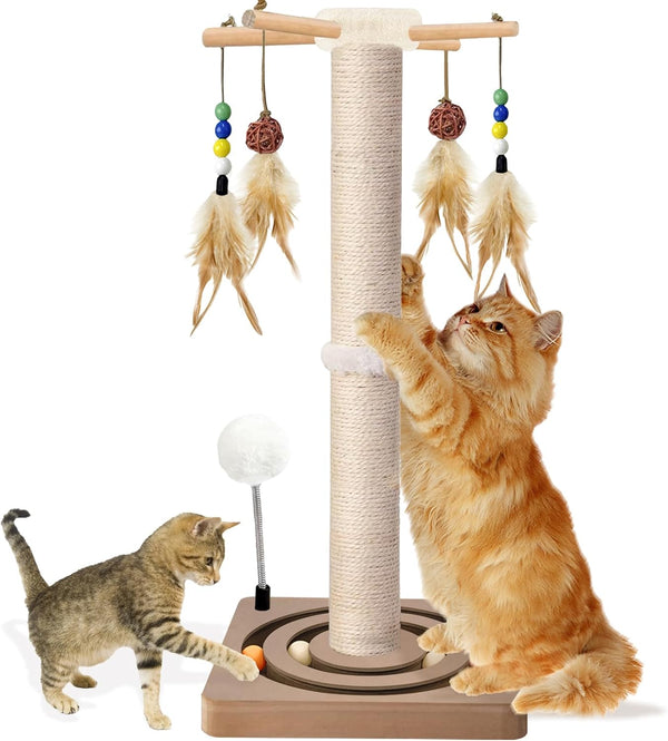 PAROTO Cat Scratching Post, Sisal Cat Tree Tower Scratcher for Indoor Cats Adults with Interactive Toys, Double Ball Track, 2 Mounting Methods, 25 Inches11