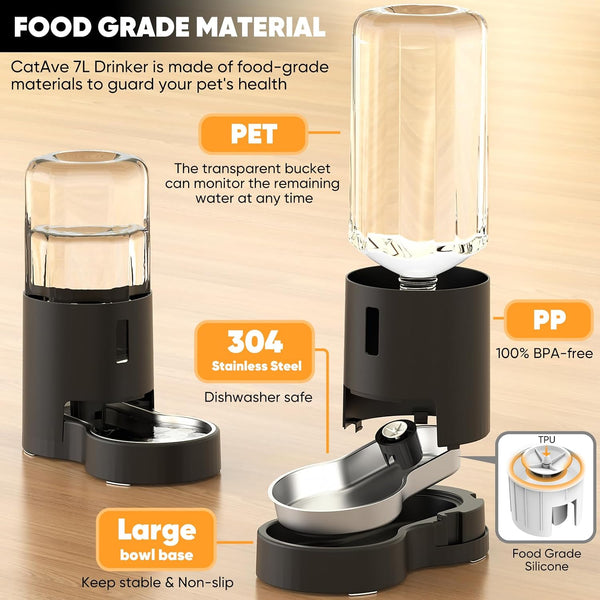 7L Automatic Dog Water Dispenser Bowl, Gravity Pet Water Dispenser with Stainless Steel Bowl, No Spilling Large Capacity Water Feeder for Dogs Cats (7L without Filter Black)3