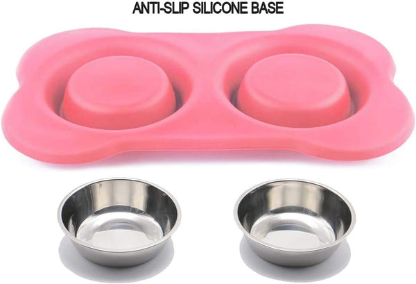 Asfrost Dog Food Bowls Stainless Steel Pet Bowls & Dog Water Bowls with No-Spill and Non-Skid, Feeder Bowls with Dog Bowl Mat for Dogs Cats and Pets-Pink, 24 0Z in Total6