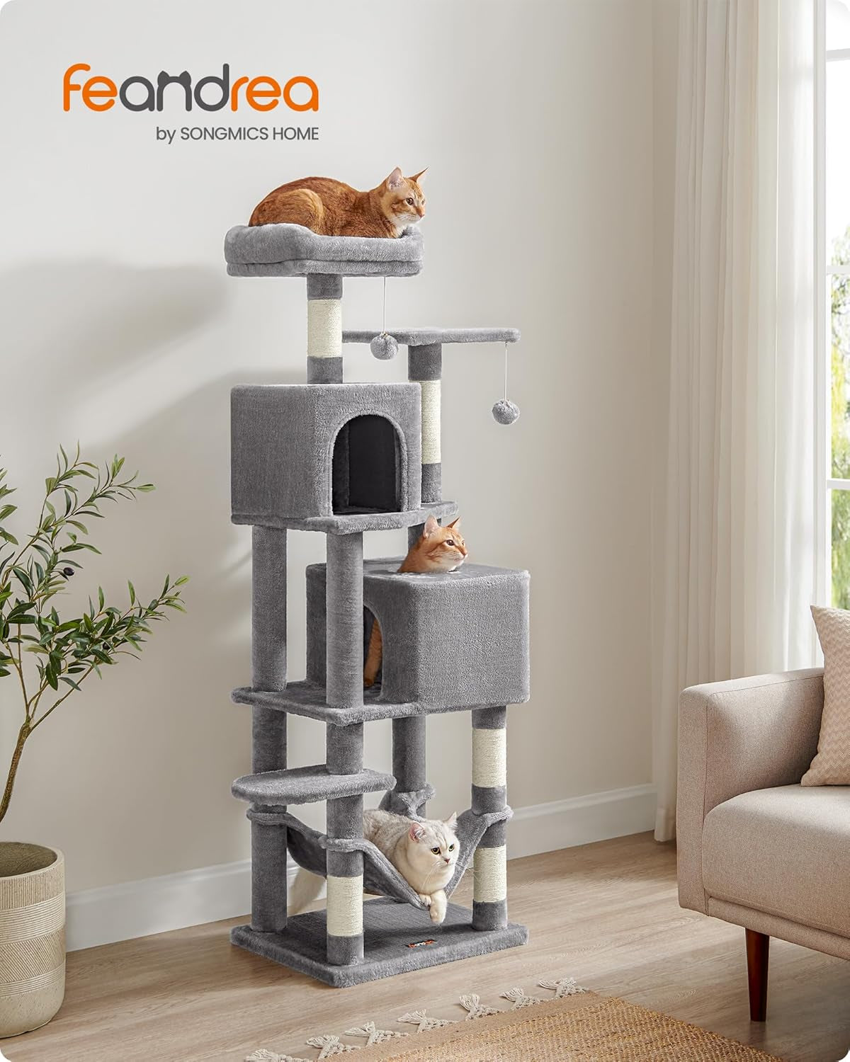 feandrea-cat-tree-59-5-inch-tall-cat-tower-plush-multi-level-condo-with-5-scratching-posts-2-perches-2-caves-hammock-2-pompoms-light-gray-upct192w01