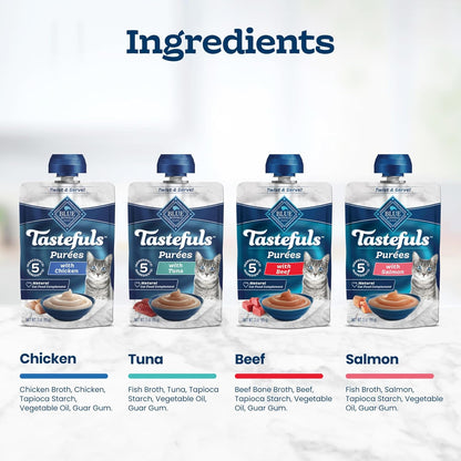 Blue Buffalo Tastefuls Purées Variety Pack Wet Cat Food Complement (Salmon, Chicken, Tuna, Beef) Made with Natural Ingredients, for All Life Stages, 3-Oz. Resealable Pouches (12 Count)5