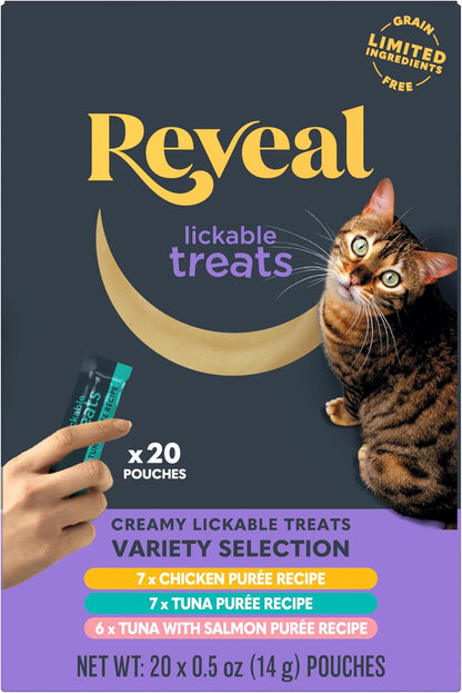 Reveal Fish & Chicken Variety Lickable Cat Treats 20-Pack 0.5 Oz Pouches | Creamy Puree, Limited Ingredient, Grain Free, High Quality Protein, Squeeze up for Training or Food Topper1