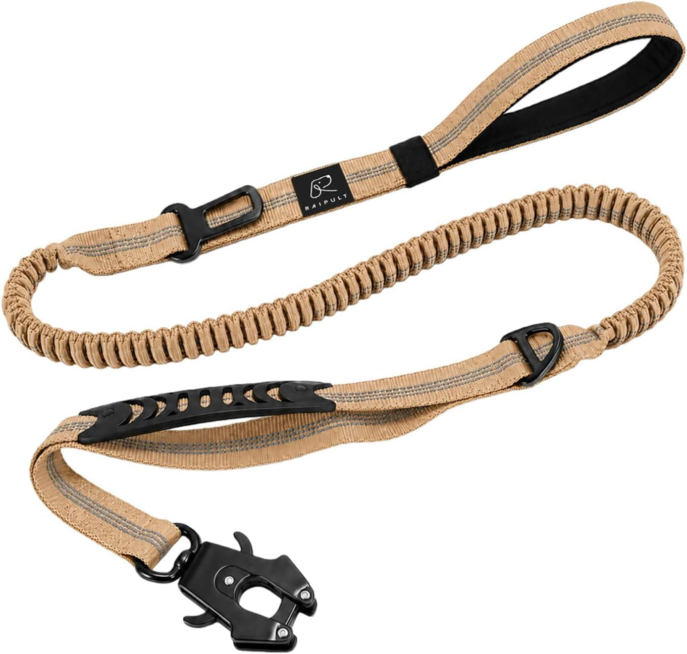 raipult-tactical-dog-leash-heavy-duty-4-6ft-shock-absorbing-bungee-leash-with-quick-release-clip-2-handles-no-pull-waking-lead-with-car-seatbelt-for-medium-large-dogs-that-pull-khaki
