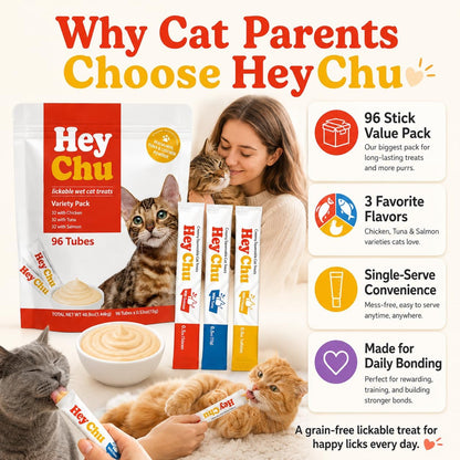 Lickable Cat Treats, Grain-Free Wet Topper, 96 Tube Variety Pack | Tuna, Salmon and Chicken Puree for Kittens, Senior and Picky Cats. Squeezable Creamy Churu Style Tube Snack, High Moisture3