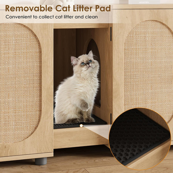 Garvee 55.1" Double Litter Box Enclosure, Boho Cat Box Furniture for 2 Cats, Cat Litter Box Furniture Hidden with Cat Scratch Pad, Large Indoor Pet House with Double Room, Wood Color | Double Room Design, Fits Most Litter Boxes, Built in Litter Mat, Double Roller Latch, Storage Cubby, Ventilated Cabinets4