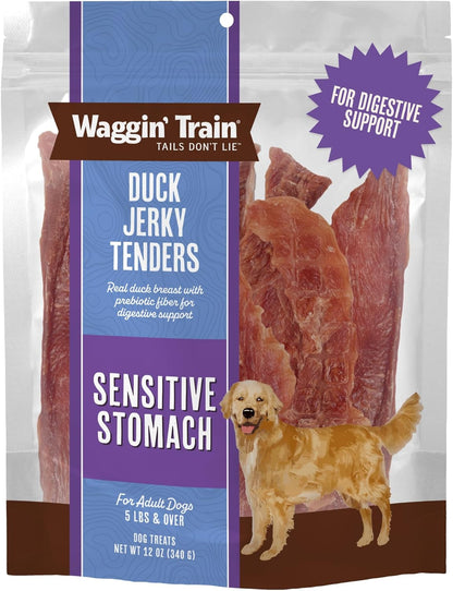 Waggin' Train Duck Jerky Dog Treats for Dogs with Sensitive Stomachs, Made with 100% Real Duck Breasts, Three All-Natural Ingredients, High Protein Dog Treat, Easily Digestible for Dogs, 12 Oz. Pouch1