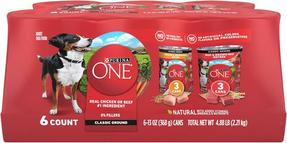 Purina ONE Classic Ground Chicken and Brown Rice, and Beef and Brown Rice Entrees Wet Dog Food Variety Pack - (Pack of 6) 13 Oz. Cans1