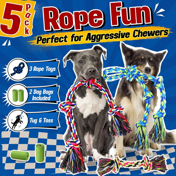 Forfon Tough & Strong Dog Toy for Aggressive Chewers – Tough Chew Toys for Large Dogs, Ideal for Tug-Of-War & Teeth Cleaning, with 3 Rope Toys & 2 Dog Bags2