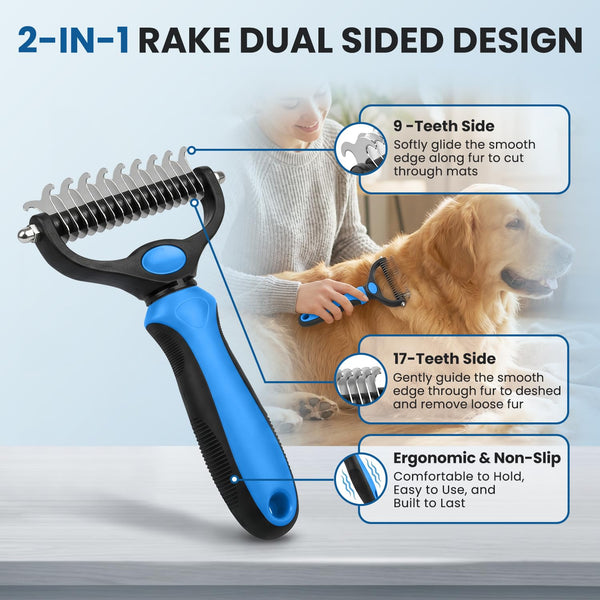 Double-Sided Pet Grooming Rake - 4-In-1 Professional Pet Grooming Kit Deshedding Dematting Tool for Dogs Cats Extra-Wide Grooming Brush & Deshedder Comb for Long & Short Haired Pets (Blue Kit 4PCS)2