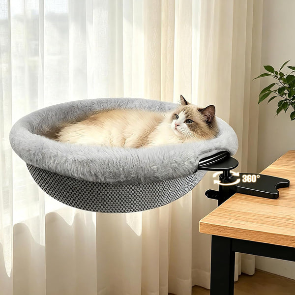 IPOW Heavy Duty Steel Frame 360° Rotating Cat Desk Bed Semi-Circular Cat Bed, Soft Faux Rabbit Fur Material, Suitable for Various Desktops-Maximum Hold up to 40Lb1