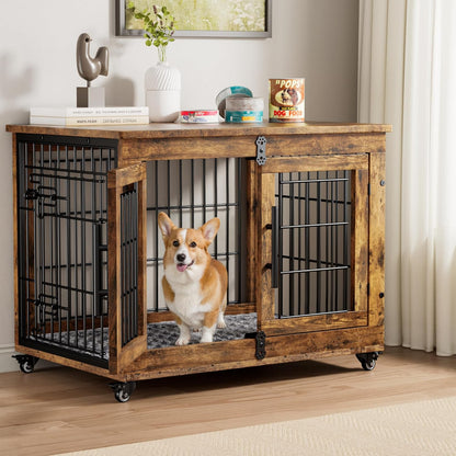 Medium Dog Crate Furniture, 32'' Heavy Duty Kennel W/Cushion & Wheels | Grey, Double Doors, Wooden Dog Cage, Chew-Resistant, End Table, Decorative, 27"/32"/38"/44" Options, Indoor10