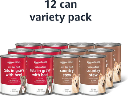 Amazon Basics Wet Dog Food Variety Pack, Country Stew Flavor and Cuts in Gravy with Beef, Made with Natural Ingredients, 13.2Oz Cans (Pack of 12)2