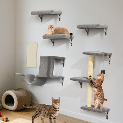 Cat Wall Shelves for Large Cats, Stable & Safe Kitty Walls Furniture Set for 40LBS Cats with Wooden Cat Climber,House, Bridge, Tree, Steps, and Scratcher for 16 Inch Drywall (Grey, 5-In-1)9