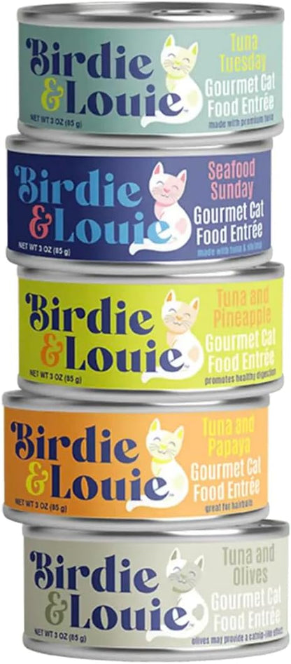 Birdie & Louie Wet Cat Food Variety Pack of Tuna Flavors | 6 Cans of 5 Different Tuna Flavors | All Natural Ingredients, Grain Free | 3 Oz Cans, Bulk Case of 30 Cans1