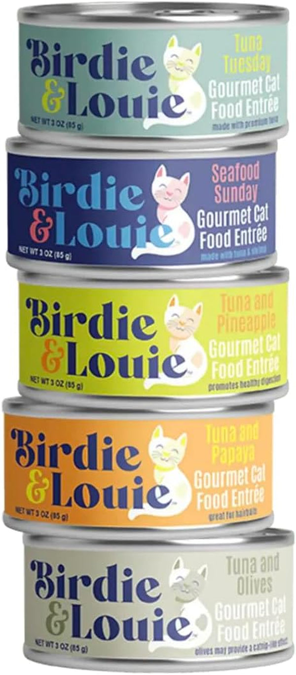 Birdie & Louie Wet Cat Food Variety Pack of Tuna Flavors | 6 Cans of 5 Different Tuna Flavors | All Natural Ingredients, Grain Free | 3 Oz Cans, Bulk Case of 30 Cans1