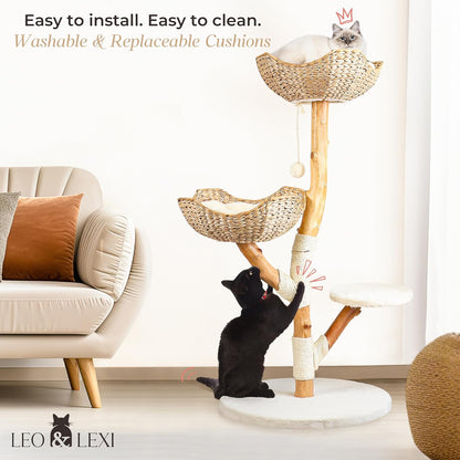 LEO & LEXI Aesthetic, Real Wood Modern Cat Tree. 46 Inches Tall, Sturdy, Solid Natural Wood Tower for Large Cats. Scratching Post with Wicker Basket Bed, Luxury, Boho Furniture for Indoor Cats5