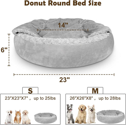 JOEJOY Small Dog Bed Cat Bed with Hooded Blanket, Cozy Cuddler Luxury Puppy Pet Bed, Donut round Calming Anti-Anxiety Dog Burrow Cave Bed - Anti-Slip Bottom and Machine Washable 23 Inch2