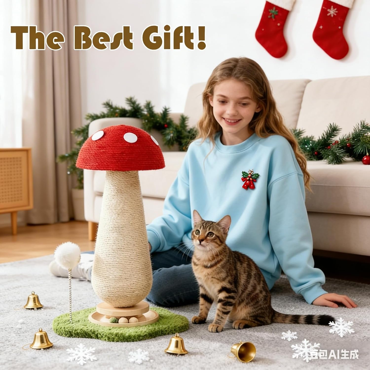 mushroom-cat-scratcher-tower-interactive-ball-track-spring-ball-cat-scratching-post-sisal-kitty-activity-center-for-indoor-cats-kittens-sturdy-wide-base-25-2-inch-red