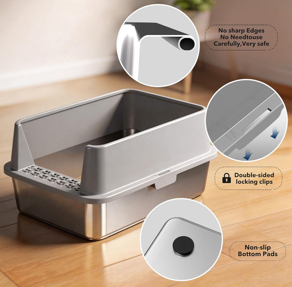 2PACK Stainless Steel Litter Box, Metal Litter Boxs with Lid High Sides, XL Extra Large Litter Box for Big Cats, Never Absorbs Odors, Leak-Proof, Stain-Free, Rust-Free, Easy to Clean, Scoop Included5