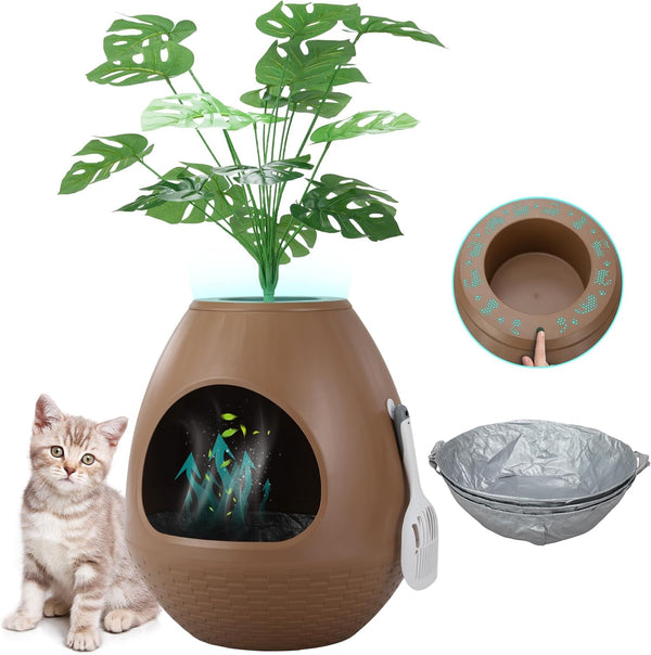 Eggloa6 Hidden Cat Litter Box with Artificial Plants ＆ Odor Removal System, Egg-Shaped Enclosure Includes Scoop ＆3PCS Liners Secret, Discreet Furniture, DIY Assembly Cat Litter Box Cabinet (Brown)1
