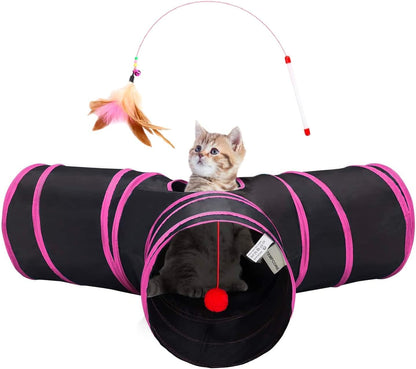 Tempcore Pet Cat Tunnel Tube Toys 3 Way Collapsible, Tunnels for Indoor Cats, Interactive Tube with Teaser Wand, Peek Holes & Hanging Ball, Black & Blue34