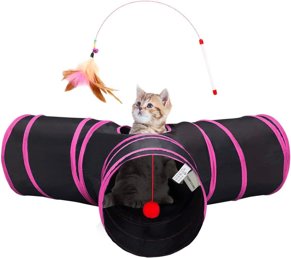 Tempcore Pet Cat Tunnel Tube Toys 3 Way Collapsible, Tunnels for Indoor Cats, Interactive Tube with Teaser Wand, Peek Holes & Hanging Ball, Black & Blue34