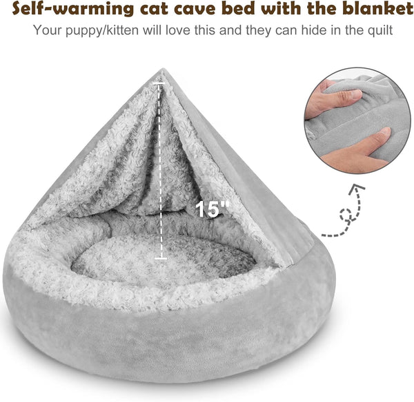 JOEJOY Small Dog Bed Cat Bed with Hooded Blanket, Cozy Cuddler Luxury Puppy Pet Bed, Donut round Calming Anti-Anxiety Dog Burrow Cave Bed - Anti-Slip Bottom and Machine Washable 23 Inch5