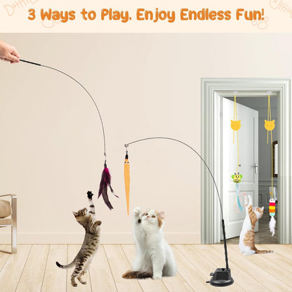 Depets Cat Wand Toy, 15 Pcs Interactive Cat Feather Toys for Indoor Self Play & Exercise, 2 Play Modes Kitten Teaser Wand, Reusable Suction Cup Kitten Toys2