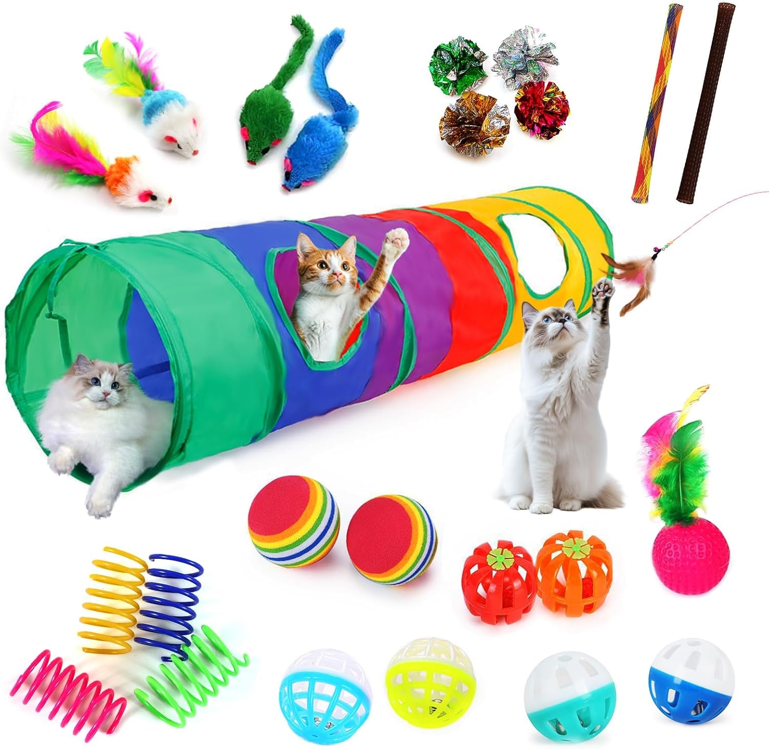 icagy-25-pcs-cat-toys-for-cats-indoor-kittens-interactive-variety-pack-45-inches-rainbow-cat-tunnel-feather-teaser-feather-golf-mice-springs-balls-noise-toys-rainbow-colorful-45