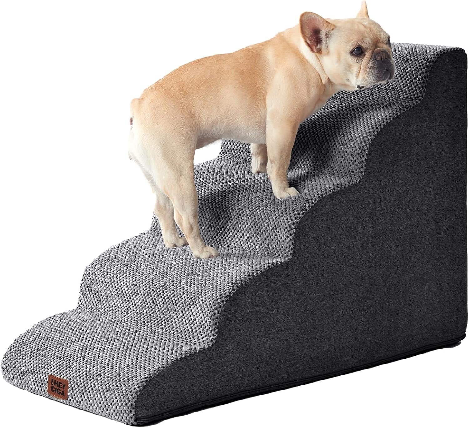 eheyciga-curved-dog-stairs-ramp-for-5-step-high-beds-22-6-h-dog-steps-33d-density-of-pure-foam-for-small-dogs-and-cats-pet-stairs-for-high-bed-climbing-non-slip-balanced-pet-step-indoor-grey