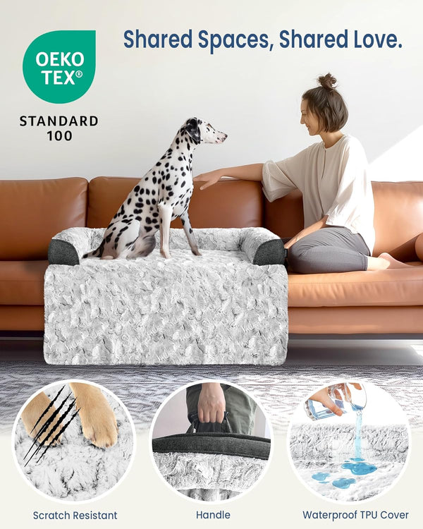 Calming Large Dog Bed for Couch, 41 X 37 Inch Removable Couch Cover for Dogs Washable, Non-Slip Fluffy Plush Dog Sofa Mat for Furniture Protector - Grey3