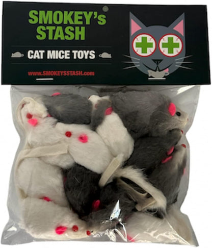 Smokey'S Stash Rabbit Fur Mouse Cat Toy 12 per Pack White and Gray Fuzzy Toys for Cats with Rattle Realistic Fake Mice (12)1