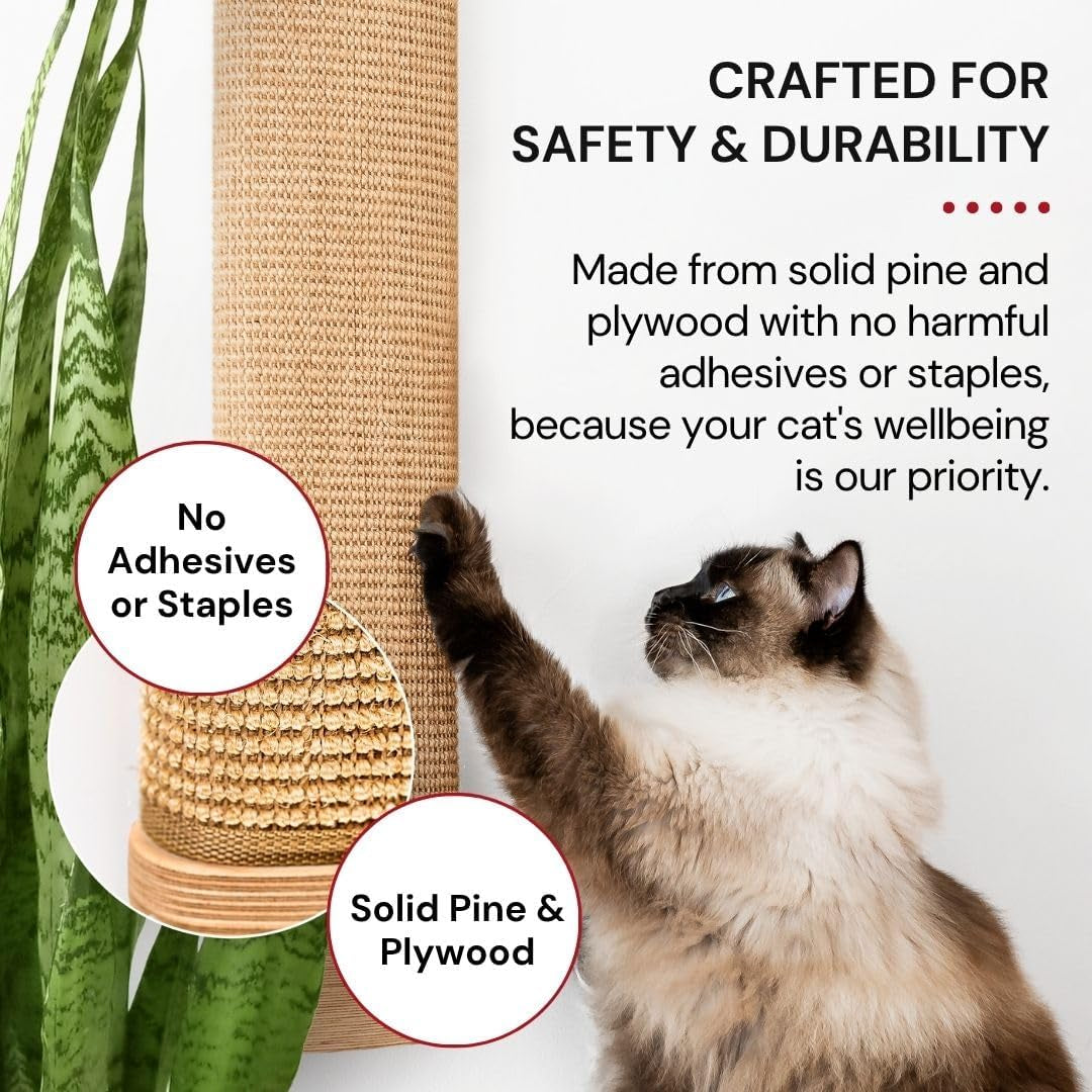 7-ruby-road-wall-mounted-cat-scratcher-replaceable-sisal-scratching-post-for-indoor-cats-large-breeds-29-5-tall-solid-pine-with-natural-woven-sisal-no-glue-or-staples-easy-wall-mount