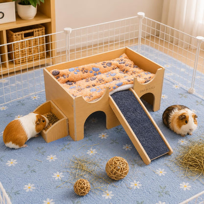 Guinea Pig Wooden Hideout with Built-In Feeder, Screw-Assembled Natural Wood Castle with Absorbent Fleece Mat, Ramp & Accessories, Cozy Safe Hideaway for Small Pets to Rest, Play & Explore4
