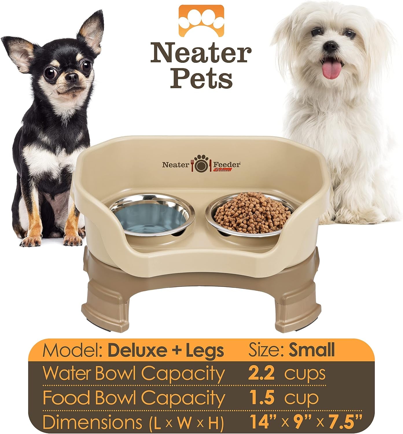 neater-feeder-deluxe-mess-proof-elevated-dog-bowls-for-small-dogs-up-to-19-lbs-2-height-adjustable-6-7-5-no-spill-raised-dog-bowl-stand-stainless-steel-food-bowl-set-made-in-usa-cappuccino