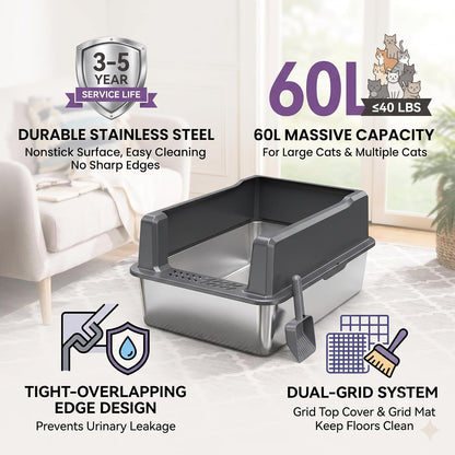 XXL Stainless Steel Cat Litter Box with Lid, 26X18X12 Inches | 12-Inch High Sides, for Big and Multiple Cats, Anti-Urine Leakage, Durable Metal5