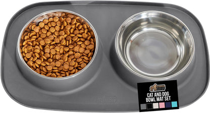 GORILLA GRIP Patented Dog Bowl Set with Slip Resistant Silicone Feeding Mat, Food Grade 304 Stainless Steel Bowls, BPA Free High Edge Spill Containment Dishwasher Safe, Finger Notch Removal 2 Cup Gray1