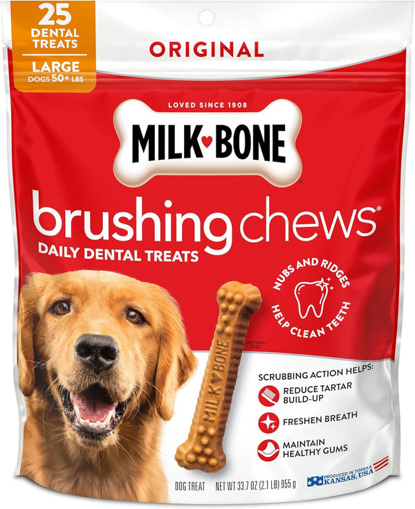 Milk-Bone Brushing Chews Large Daily Dental Dog Treats, 33.7 Oz Bag | 25 Treats, Chicken Flavored, VOHC Accepted Dental Chews, Helps Clean Teeth and Freshen Breath, for Large Dogs 50 Lbs and Up1