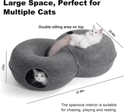 8-Shaped Large Cat Tunnel Bed for Indoor Cats, Infinite Circulation Peekaboo Cat Cave with 12 Toy Balls, Cat Donut Tunnel for Cats up to 30 Pounds (Dark Grey, L 38X24X11In)2