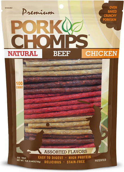 Pork Chomps Dog Chews, 5 in Munchy Sticks, Assorted Flavors, 50 Count | Oven-Baked from Real Pork Skin - a Rawhide-Free Chew That'S Low in Fat, High in Protein, and Easy to Digest8
