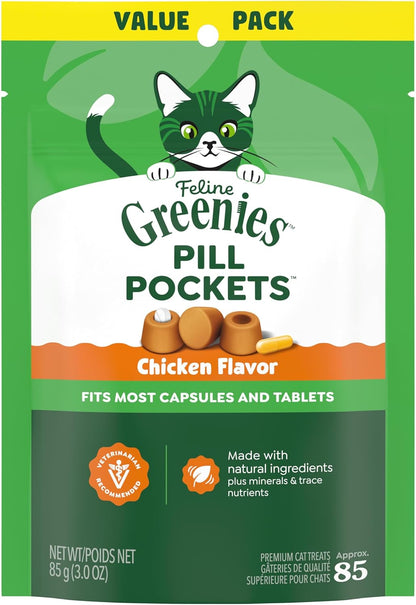 Greenies Feline Pill Pockets Soft Cat Treats, Chicken Flavor, 85 Count | #1 Vet-Recommended, Moldable Pocket Hides Pills, No Artificial Flavors or Preservatives, Real Ingredients1