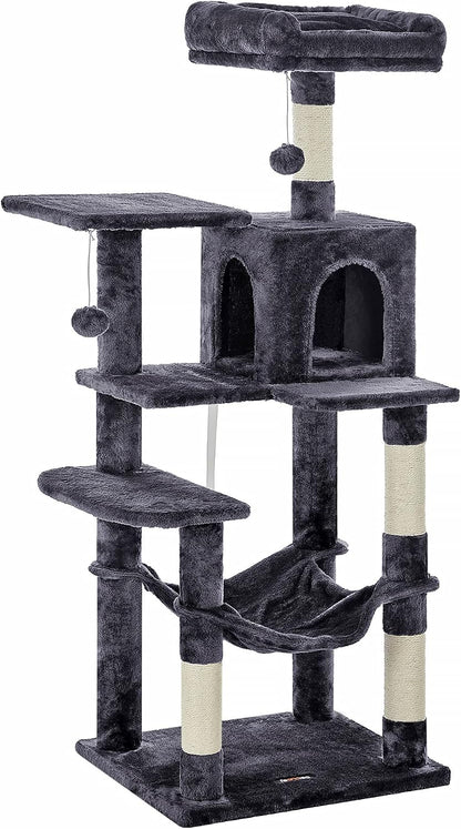 Feandrea Cat Tree, 59.5-Inch Tall Cat Tower, Plush Multi-Level Condo with 5 Scratching Posts, 2 Perches, 2 Caves, Hammock, 2 Pompoms, Light Gray UPCT192W0122