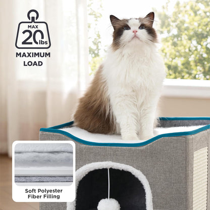 Bedsure Cat House Bed for Indoor Cats with Fluffy Ball and Scratch Pad,Grey | 16.5X16.5X13 In,Large Cat Cave for Multiple Pets,Foldable Cat Hideway Cube for Sleeping Kitten5