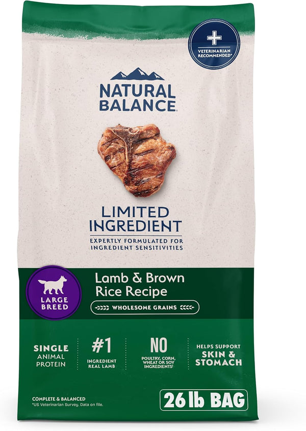 Natural Balance Limited Ingredient Large Breed Dry Dog Food - Complete Nutrition for Large Breeds - Wholesome Grains Brown Rice Recipe - Limited Ingredient Formula - 26 Lb - Lamb & Brown Rice1