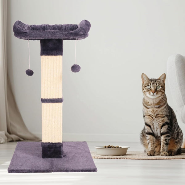 34" Cat Scratching Post for Indoor Cats, Sisal Cat Scratcher with Large Plush Perch, Vertical Posts with Elevated Bed and with Two Dangling Balls, Removable & Washable Cover, Dark Grey8